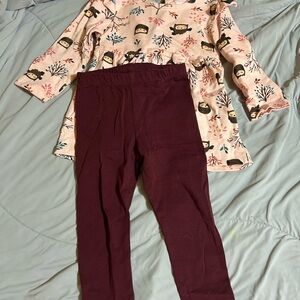 Pink Patterned Dress with Maroon Leggings